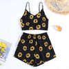 Women Two-piece Suit Sunflower Print Spaghetti Strap Knotted Crop Top Shorts