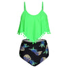 Pineapple Print Fringe High Waist Overlay Neon Tankini Swimwear