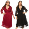 Plus Size Lace Dress V Neck Comfortable Fabric 3/4 Length Sleeve Big Hem for Summer