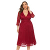 Plus Size Lace Dress V Neck Comfortable Fabric 3/4 Length Sleeve Big Hem for Summer