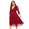 Plus Size Lace Dress V Neck Comfortable Fabric 3/4 Length Sleeve Big Hem for Summer
