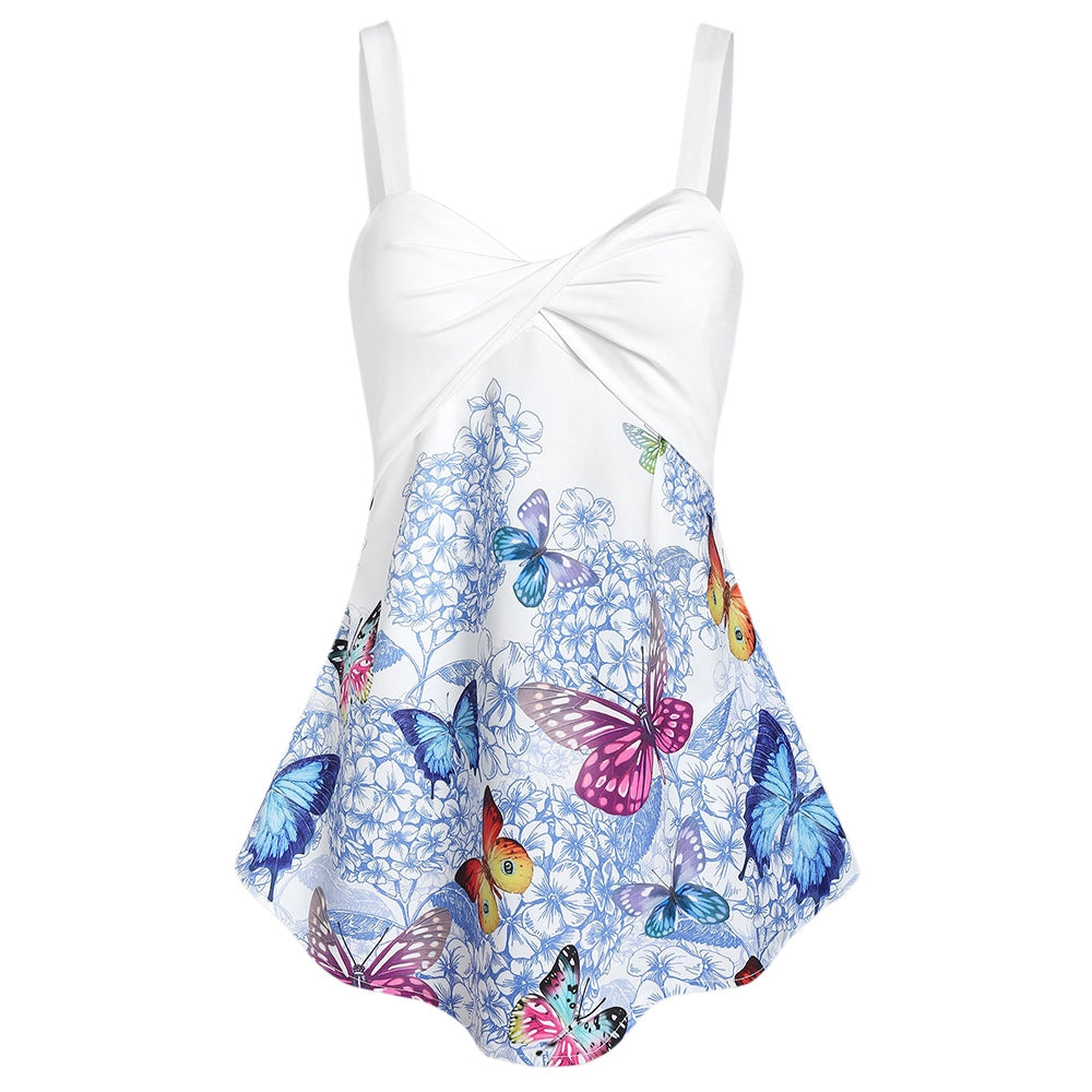 Front Twist Floral Butterfly Tank Top