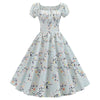 Vintage Floral A-line Dress Square Neck Puff Sleeve