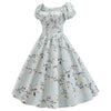 Vintage Floral A-line Dress Square Neck Puff Sleeve