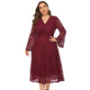 Plus Size Women Dress V Neck Hollow out Lace Flare Sleeve