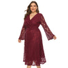 Plus Size Women Dress V Neck Hollow out Lace Flare Sleeve