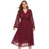 Plus Size Women Dress V Neck Hollow out Lace Flare Sleeve