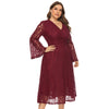 Plus Size Women Dress V Neck Hollow out Lace Flare Sleeve