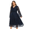 Plus Size Women Dress V Neck Hollow out Lace Flare Sleeve
