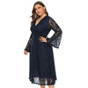 Plus Size Women Dress V Neck Hollow out Lace Flare Sleeve