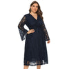 Plus Size Women Dress V Neck Hollow out Lace Flare Sleeve