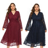 Plus Size Women Dress V Neck Hollow out Lace Flare Sleeve