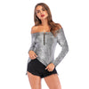 Snakeskin Print Off-shoulder Women Top Zipper Long Sleeve Blouse T-shirt