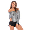 Snakeskin Print Off-shoulder Women Top Zipper Long Sleeve Blouse T-shirt