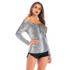 Snakeskin Print Off-shoulder Women Top Zipper Long Sleeve Blouse T-shirt