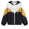 Women Coat Jacket Colour Blocking Long Sleeve Hood Drawstring