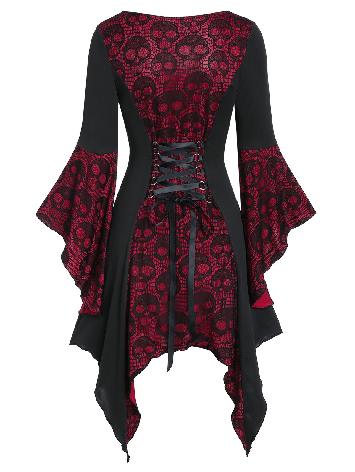 Halloween Skull Lace Insert Poet Sleeve Handkerchief Faux Twinset Dress