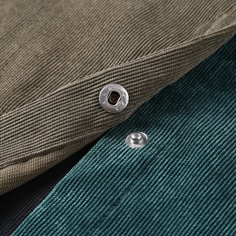 Women Corduroy Coat Color Splice Turn-down Collar Long Sleeve 2 Pockets