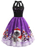 Christmas Hat Cat Print Shirred Sleeveless Dress