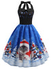 Christmas Hat Cat Print Shirred Sleeveless Dress