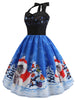 Christmas Hat Cat Print Shirred Sleeveless Dress
