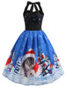 Christmas Hat Cat Print Shirred Sleeveless Dress