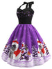Christmas Hat Cat Print Shirred Sleeveless Dress