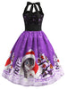 Christmas Hat Cat Print Shirred Sleeveless Dress