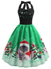 Christmas Hat Cat Print Shirred Sleeveless Dress