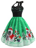 Christmas Hat Cat Print Shirred Sleeveless Dress