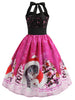 Christmas Hat Cat Print Shirred Sleeveless Dress