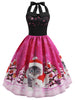 Christmas Hat Cat Print Shirred Sleeveless Dress