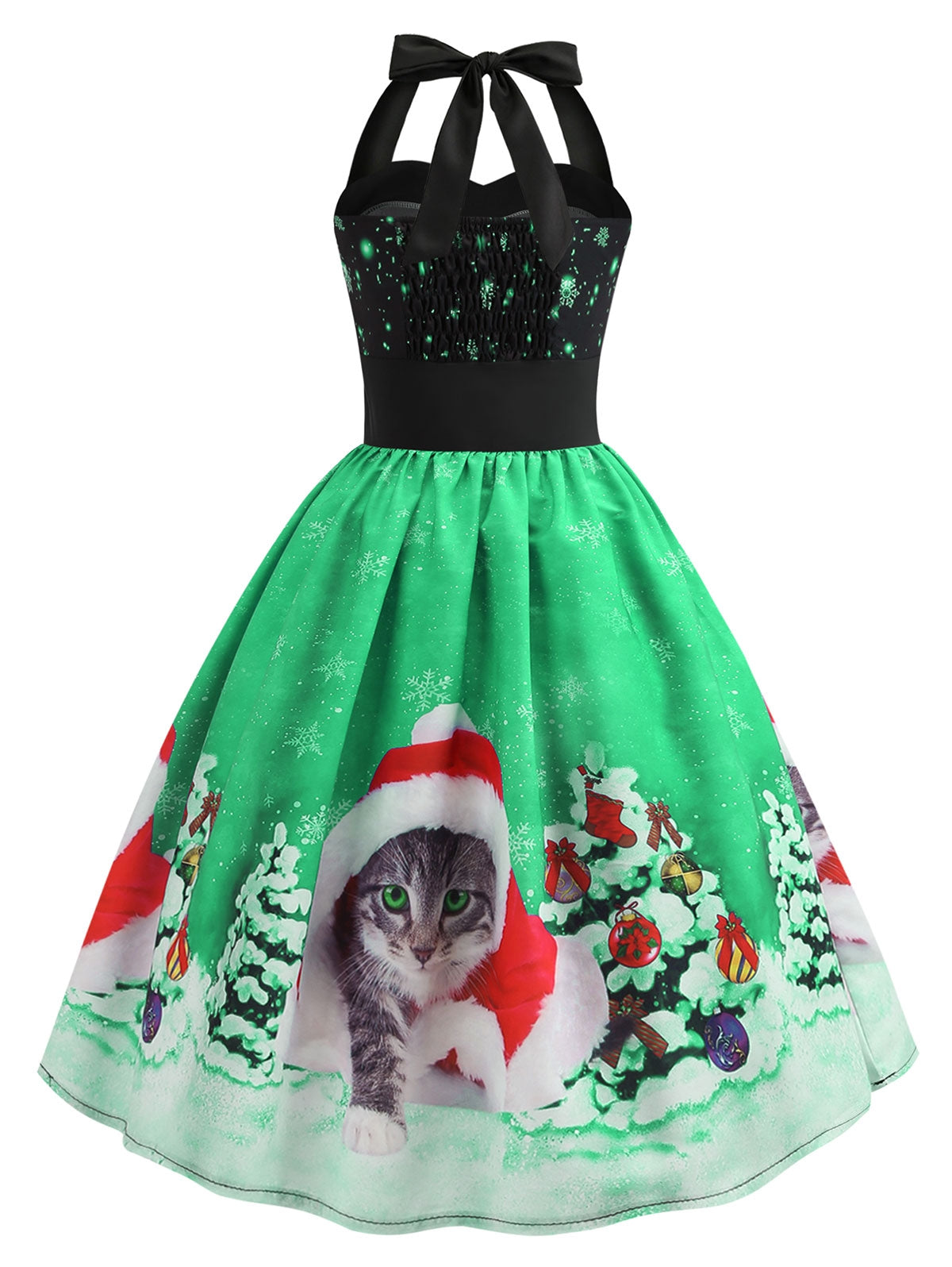 Christmas Hat Cat Print Shirred Sleeveless Dress