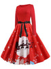 Plus Size Christmas Snowman Print Belted Vintage Dress