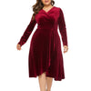 Women Plus Size V-neck Velour Dress High Waist Long Sleeve Knee Length A-line Elegant Evening Gown