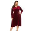 Women Plus Size V-neck Velour Dress High Waist Long Sleeve Knee Length A-line Elegant Evening Gown