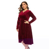 Women Plus Size V-neck Velour Dress High Waist Long Sleeve Knee Length A-line Elegant Evening Gown