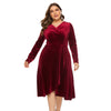 Women Plus Size V-neck Velour Dress High Waist Long Sleeve Knee Length A-line Elegant Evening Gown