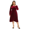 Women Plus Size V-neck Velour Dress High Waist Long Sleeve Knee Length A-line Elegant Evening Gown