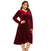Women Plus Size V-neck Velour Dress High Waist Long Sleeve Knee Length A-line Elegant Evening Gown