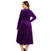 Women Plus Size V-neck Velour Dress High Waist Long Sleeve Knee Length A-line Elegant Evening Gown