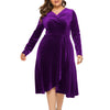 Women Plus Size V-neck Velour Dress High Waist Long Sleeve Knee Length A-line Elegant Evening Gown