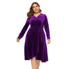 Women Plus Size V-neck Velour Dress High Waist Long Sleeve Knee Length A-line Elegant Evening Gown