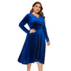 Women Plus Size V-neck Velour Dress High Waist Long Sleeve Knee Length A-line Elegant Evening Gown