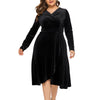Women Plus Size V-neck Velour Dress High Waist Long Sleeve Knee Length A-line Elegant Evening Gown