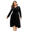 Women Plus Size V-neck Velour Dress High Waist Long Sleeve Knee Length A-line Elegant Evening Gown