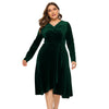 Women Plus Size V-neck Velour Dress High Waist Long Sleeve Knee Length A-line Elegant Evening Gown