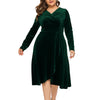 Women Plus Size V-neck Velour Dress High Waist Long Sleeve Knee Length A-line Elegant Evening Gown