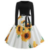 Women Vintage Dress Sunflower Print Long Sleeve with Waistband