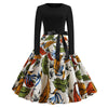 Women Vintage Dress Round Collar Long Sleeve Printed Pattern Big Hem